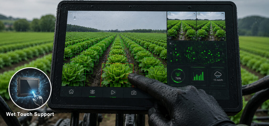 SINTRONES VPC-101RB2S rugged AI panel PC displaying real-time crop detection and multi-camera AI vision in rainy smart agriculture environments.
SINTRONES VPC-101RB2S 強固型 AI 人機介面電腦,在雨天的智慧農業場域中執行即時作物辨識與多鏡頭 AI 影像分析